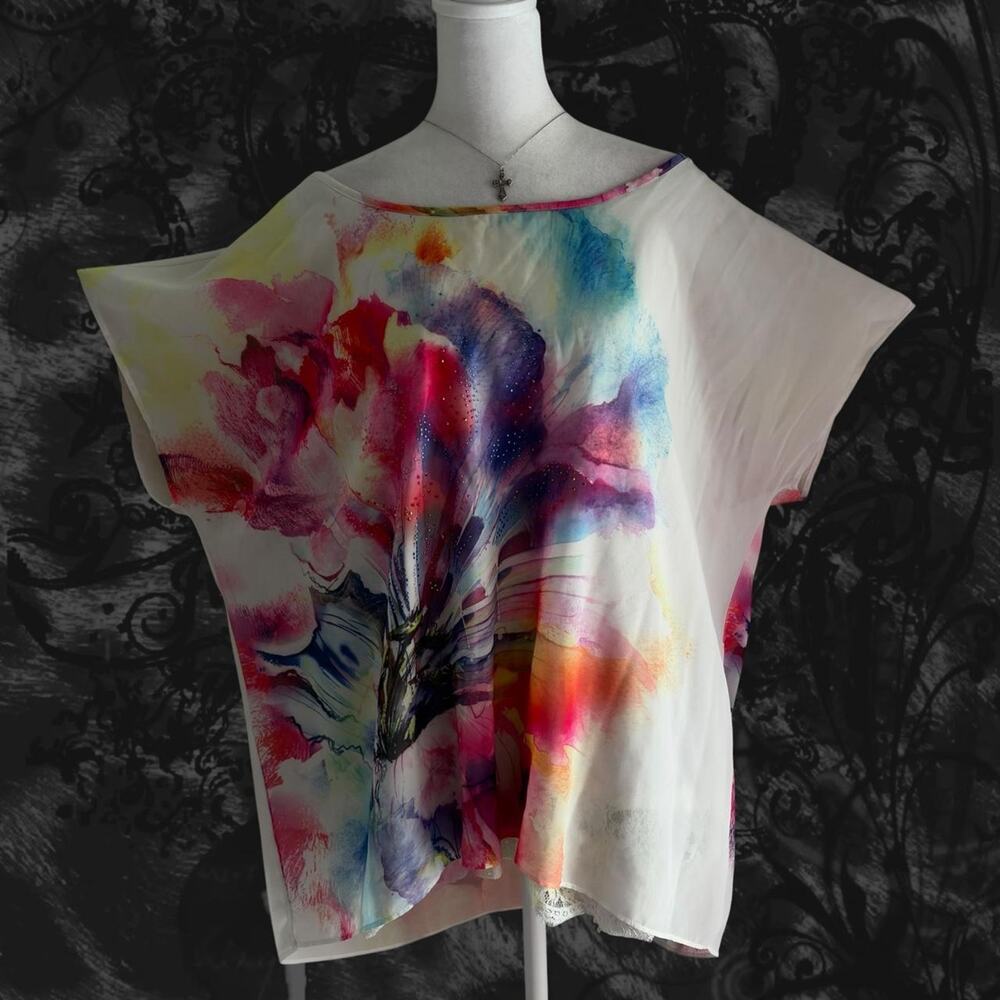 mix color watercolor abstract floral bloom fairy boho ethereal white batwing top